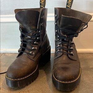 Dr. Martens Brown Leona Platform Combat Moto Boots with Chunky Sole